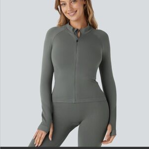 Halara Seamless Stand Collar Raglan Sleeve Thumb Hole Zipper Skinny Yoga Jacket